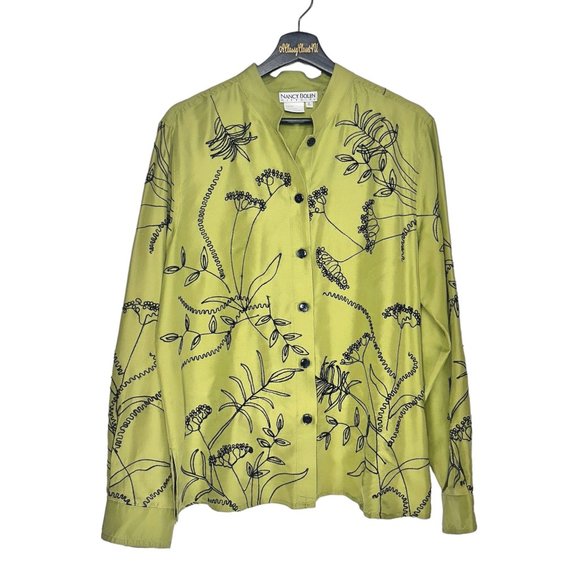 Nancy Bolen Tops - Nancy Bolen City Girl Green Silk Floral Embroidered Long Sleeve Blouse L